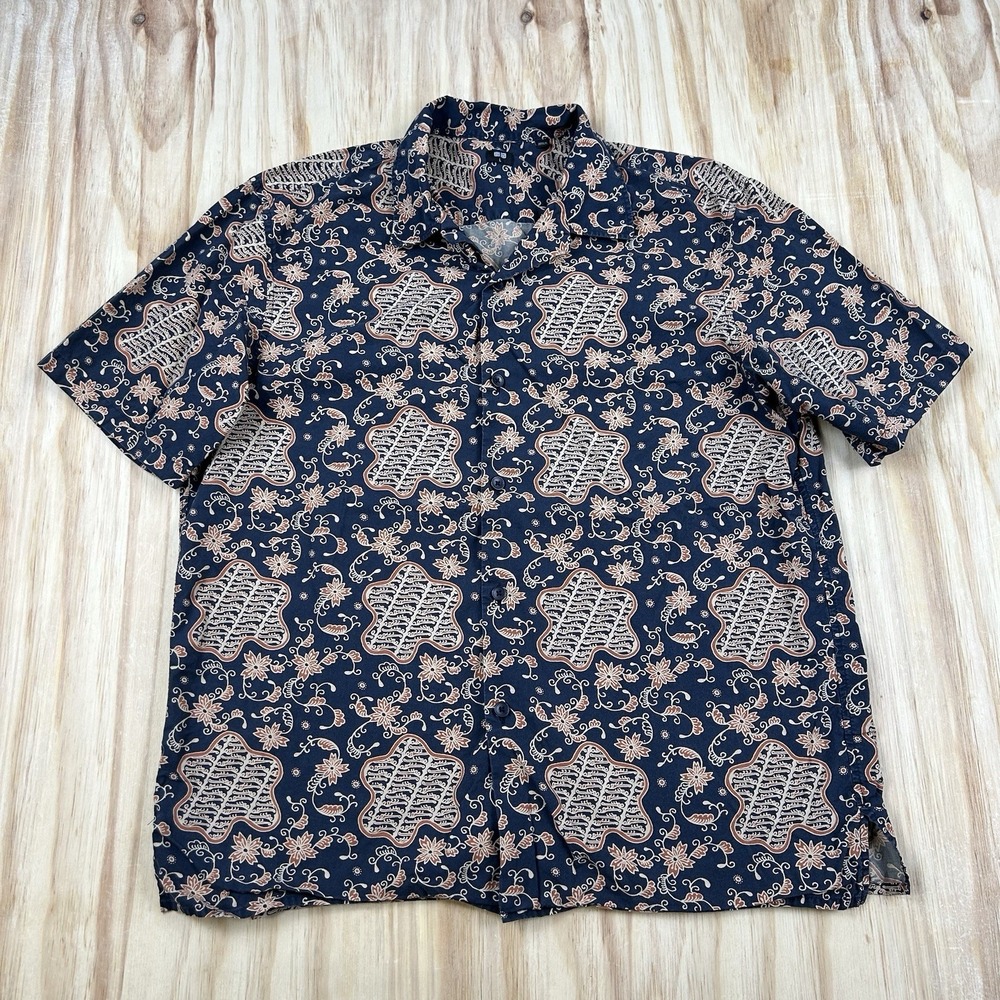 Uniqlo Men's Large Brown Navy Cotton Hawaiian Pattern Short Sleeve Shirt